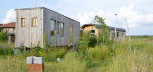 Zwei ökologisch gebaute Bauwägen stehen auf einer grünen Wiese.