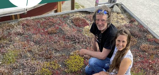 Werner und Simone sitzen auf einem selbst gebautem Gründach.