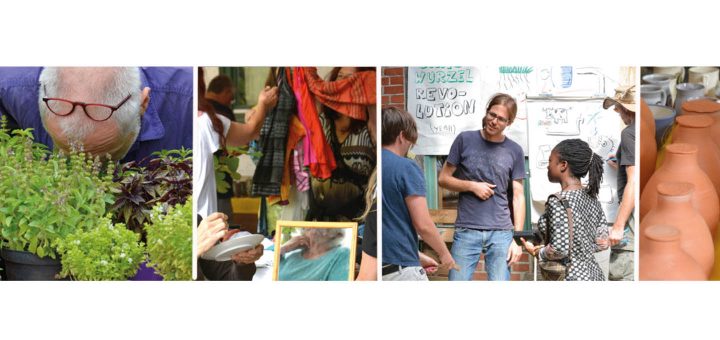 Bildercollage vom Markt der Möglichkeiten Sieben Linden. Bild 1: Ein Mann riecht an einem Topf Basilikumm. Bild 2: Ein Marktstand. Bild 3: 3 Menschen stehen vor einer Infotafel. Bild 4: Eine Reihe getöpferter Vasen.