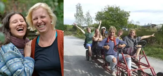 Collage mit Freiwilligen auf Sieben Linden. Au dem linken Bild lachen zwei junge Frauen und schauen in die Kamera. Auf dem rechten Bild fahren junge Menschen auf einem kattcar für 8 Personen.
