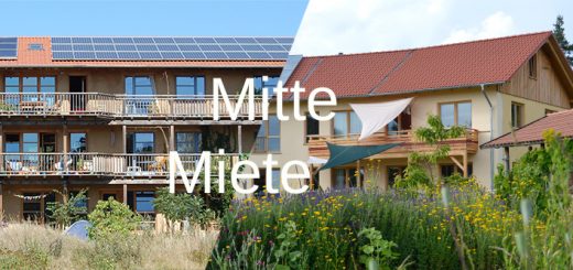 Collage aus 2 Strohballenhäusern in Sieben Linden, darüber ist ein Text: Mitte Miete