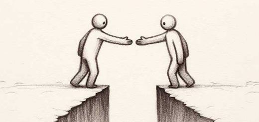 Zwei gezeichnete Figuren reichen sich die Hand über einer Schlucht, die zwischen ihnen ist