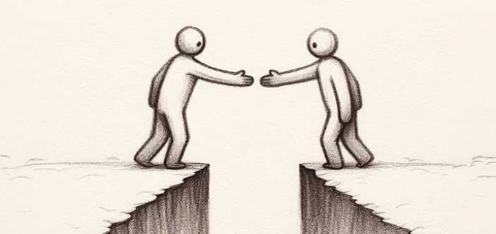 Zwei gezeichnete Figuren reichen sich die Hand über einer Schlucht, die zwischen ihnen ist