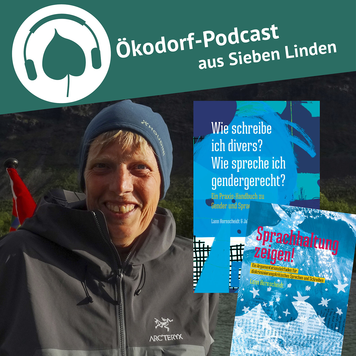 Portrait von Lann Hornscheidt und 2 der Bücher, die Lann verfasst hat