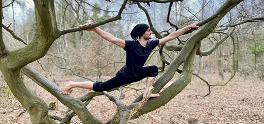 Jonas macht eine Yogaübung in einem Baum